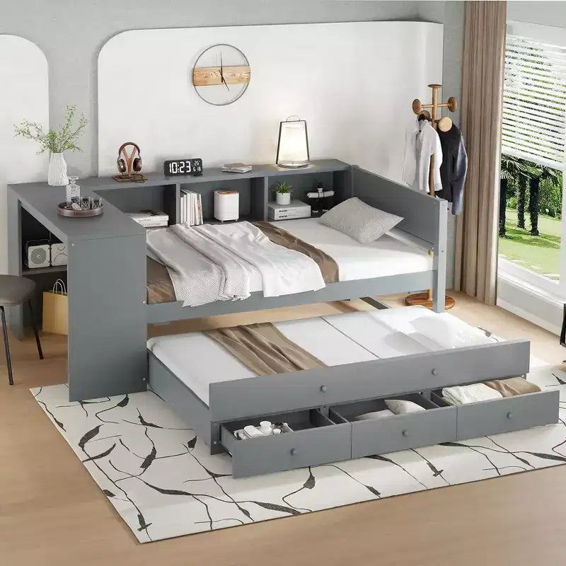 Lit de repos jumeau/double avec lit gigogne, cadre de lit en bois avec bureau, tiroirs de rangement et étagères, pas besoin de sommier tapissier - ModernLuxe