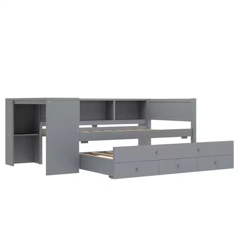 Lit de repos jumeau/double avec lit gigogne, cadre de lit en bois avec bureau, tiroirs de rangement et étagères, pas besoin de sommier tapissier - ModernLuxe