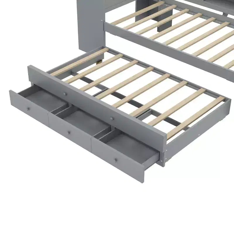 Lit de repos jumeau/double avec lit gigogne, cadre de lit en bois avec bureau, tiroirs de rangement et étagères, pas besoin de sommier tapissier - ModernLuxe