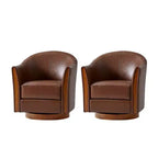 Pocono Transitional Genuine Leather Swivel Barrel Chair With Solid Wood Base Set of 2Artful Living Design