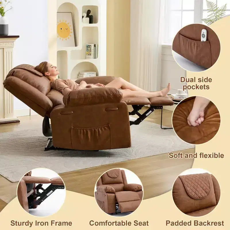 Fauteuil inclinable de massage surdimensionné pour adultes, canapé individuel chauffant en cuir PU avec vibrations et chaleur, poche latérale, canapé inclinable (marron)