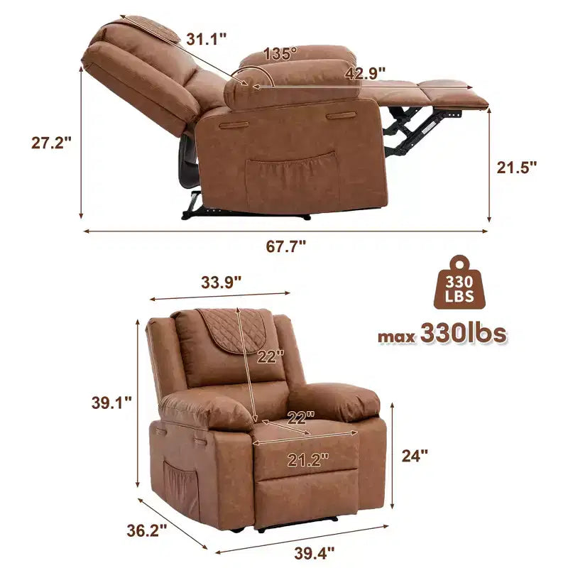 Fauteuil inclinable de massage surdimensionné pour adultes, canapé individuel chauffant en cuir PU avec vibrations et chaleur, poche latérale, canapé inclinable (marron)