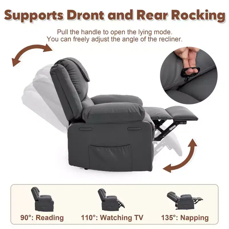 Fauteuil inclinable de massage surdimensionné pour adultes, canapé individuel chauffant en cuir PU avec vibrations et chaleur, poche latérale, canapé inclinable (marron)