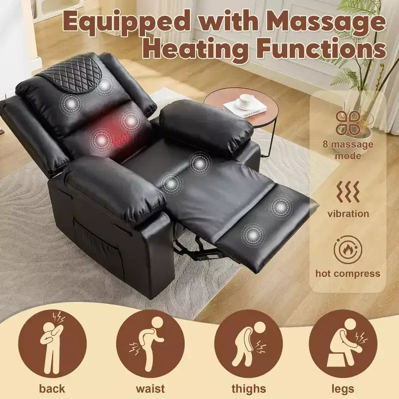 Fauteuil inclinable de massage surdimensionné pour adultes, canapé individuel chauffant en cuir PU avec vibrations et chaleur, poche latérale, canapé inclinable (marron)