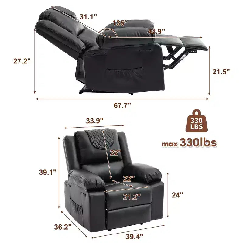 Fauteuil inclinable de massage surdimensionné pour adultes, canapé individuel chauffant en cuir PU avec vibrations et chaleur, poche latérale, canapé inclinable (marron)