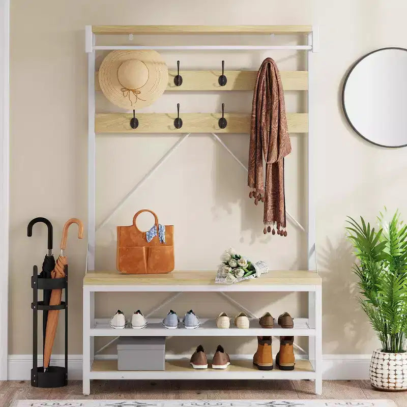 COZONY Meuble d'entrée porte-manteaux et banc à chaussures, 8 crochets, étagère de rangement, accent aspect bois, organisateur d'entrée
