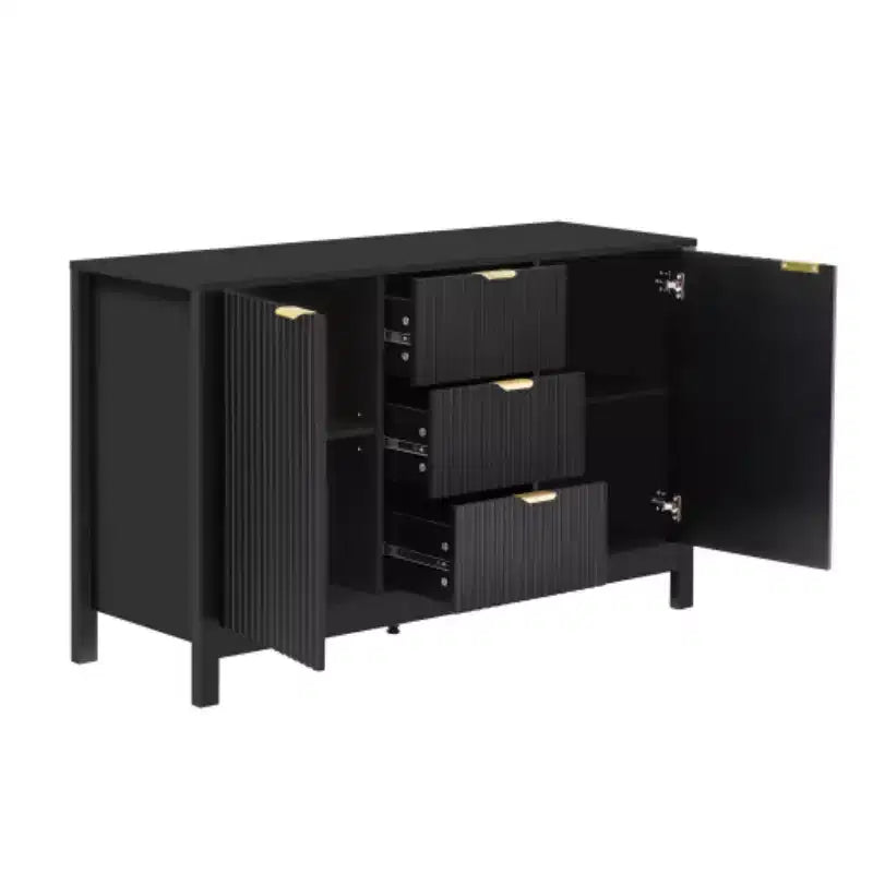 Buffet moderne à vagues 47, meuble de rangement à 3 tiroirs avec texture cannelée, portes à fermeture douce, poignées dorées pour entrée - Panipeachy