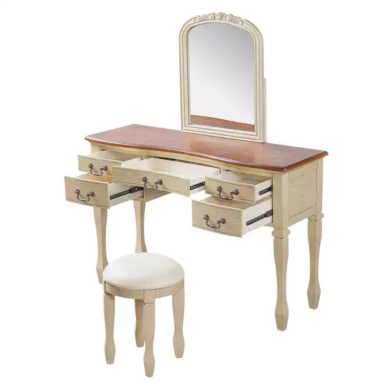 Coiffeuse de Maquillage Vintage Whisen, Table de Toilette avec Miroir Cadre Floral Courbé, 5 Tiroirs et Tabouret en Cuir - Marron et Blanc Antique