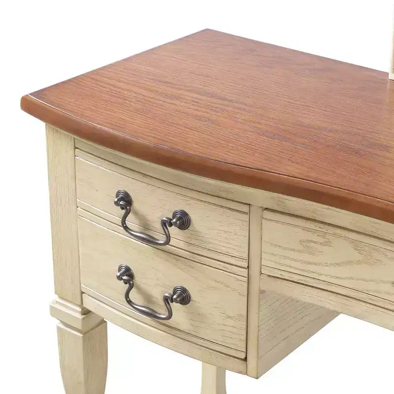 Coiffeuse de Maquillage Vintage Whisen, Table de Toilette avec Miroir Cadre Floral Courbé, 5 Tiroirs et Tabouret en Cuir - Marron et Blanc Antique