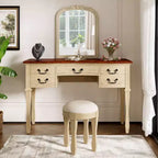Coiffeuse de Maquillage Vintage Whisen, Table de Toilette avec Miroir Cadre Floral Courbé, 5 Tiroirs et Tabouret en Cuir - Marron et Blanc Antique