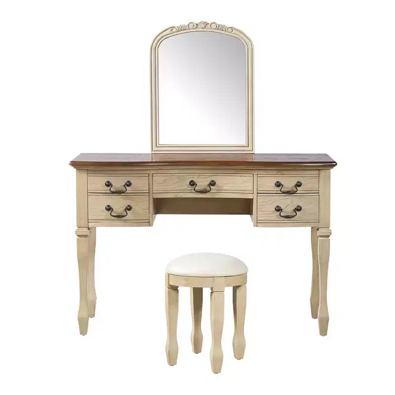 Coiffeuse de Maquillage Vintage Whisen, Table de Toilette avec Miroir Cadre Floral Courbé, 5 Tiroirs et Tabouret en Cuir - Marron et Blanc Antique