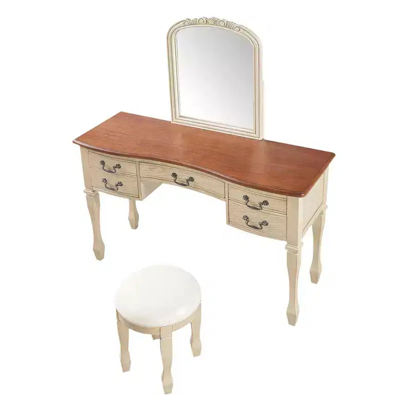 Coiffeuse de Maquillage Vintage Whisen, Table de Toilette avec Miroir Cadre Floral Courbé, 5 Tiroirs et Tabouret en Cuir - Marron et Blanc Antique