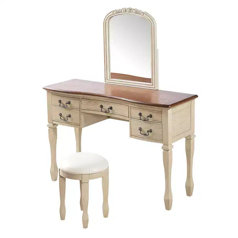 Coiffeuse de Maquillage Vintage Whisen, Table de Toilette avec Miroir Cadre Floral Courbé, 5 Tiroirs et Tabouret en Cuir - Marron et Blanc Antique