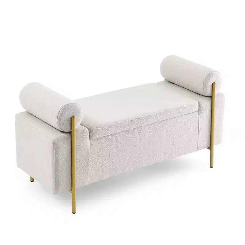 Okak Banc de Rangement Élégant avec Accoudoirs Cylindriques, Banc Rembourré Bout de Lit avec Pieds en Fer, Banc d'Entrée pour Salon, Chambre à Coucher