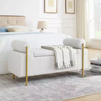 Okak Banc de Rangement Élégant avec Accoudoirs Cylindriques, Banc Rembourré Bout de Lit avec Pieds en Fer, Banc d'Entrée pour Salon, Chambre à Coucher