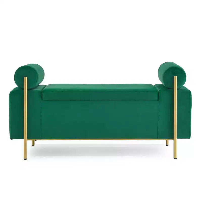 Okak Banc de Rangement Élégant avec Accoudoirs Cylindriques, Banc Rembourré Bout de Lit avec Pieds en Fer, Banc d'Entrée pour Salon, Chambre à Coucher