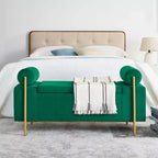 Okak Banc de Rangement Élégant avec Accoudoirs Cylindriques, Banc Rembourré Bout de Lit avec Pieds en Fer, Banc d'Entrée pour Salon, Chambre à Coucher