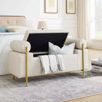 Okak Banc de Rangement Élégant avec Accoudoirs Cylindriques, Banc Rembourré Bout de Lit avec Pieds en Fer, Banc d'Entrée pour Salon, Chambre à Coucher