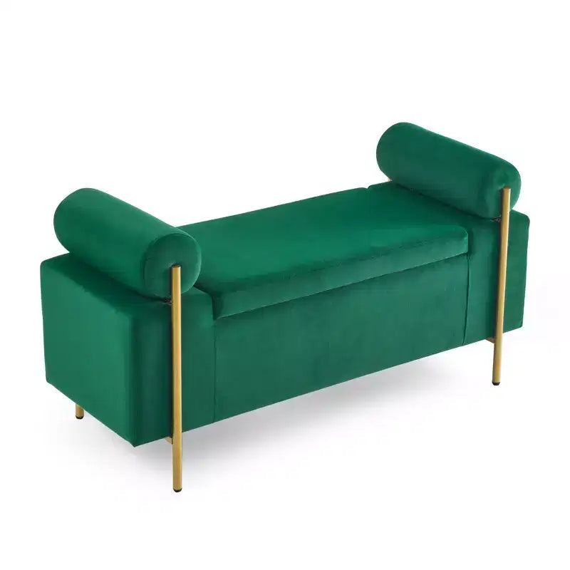 Okak Banc de Rangement Élégant avec Accoudoirs Cylindriques, Banc Rembourré Bout de Lit avec Pieds en Fer, Banc d'Entrée pour Salon, Chambre à Coucher