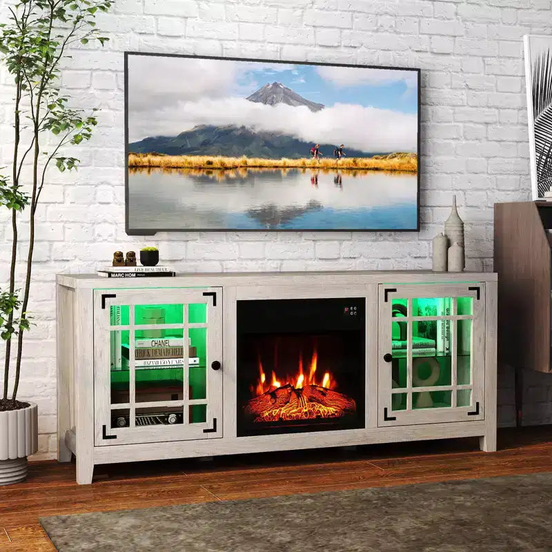Meuble TV Costway 58" avec cheminée électrique et lumières LED et foyer électrique 18", télécommandes Marron Rustique/Gris Clair/Noir