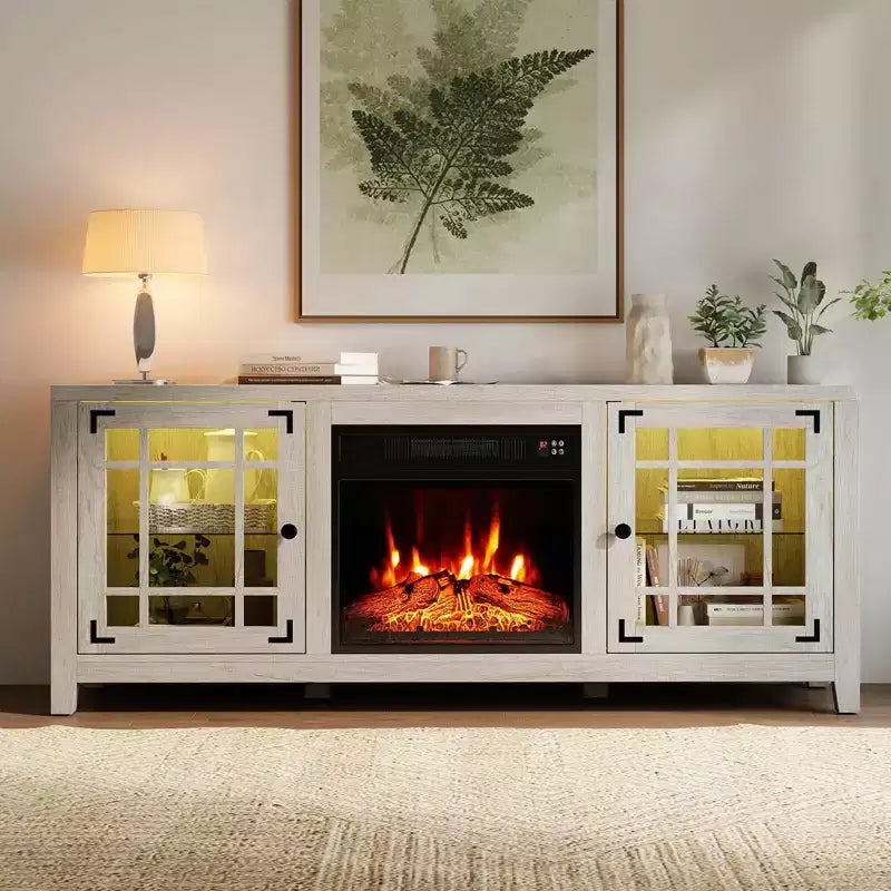 Meuble TV Costway 58" avec cheminée électrique et lumières LED et foyer électrique 18", télécommandes Marron Rustique/Gris Clair/Noir