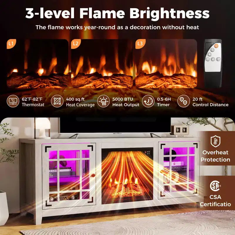 Meuble TV Costway 58" avec cheminée électrique et lumières LED et foyer électrique 18", télécommandes Marron Rustique/Gris Clair/Noir