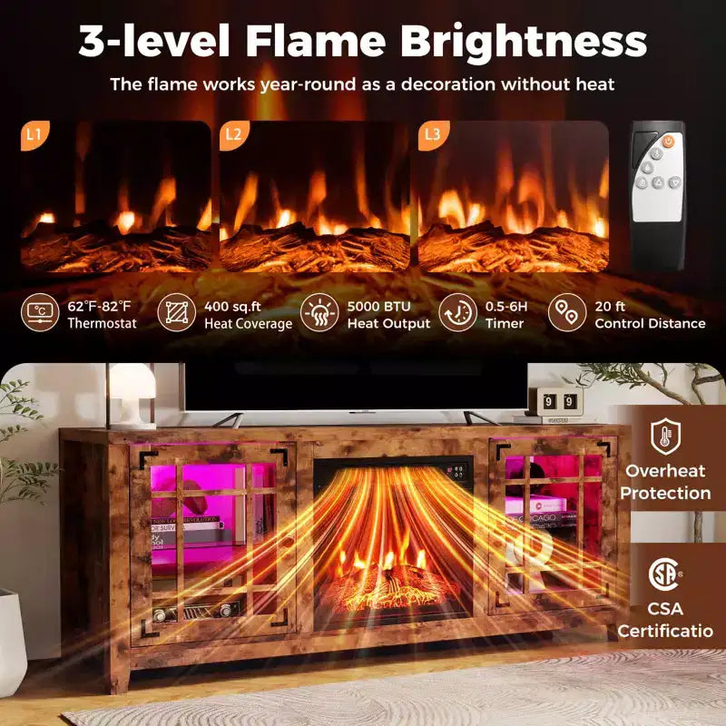 Meuble TV Costway 58" avec cheminée électrique et lumières LED et foyer électrique 18", télécommandes Marron Rustique/Gris Clair/Noir
