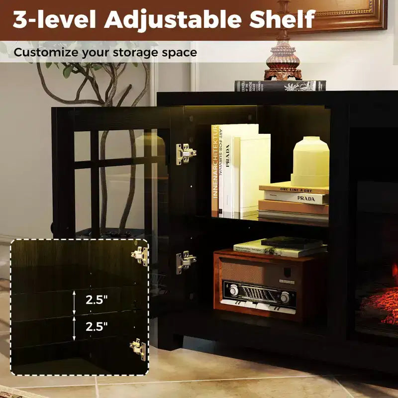 Meuble TV Costway 58" avec cheminée électrique et lumières LED et foyer électrique 18", télécommandes Marron Rustique/Gris Clair/Noir