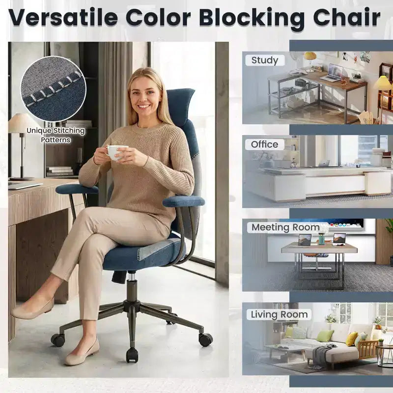 Chaise de bureau ergonomique Costway avec appui-tête 2D, dossier inclinable et roulettes, chaise de jeu bleue/marron et beige/grise et bleue