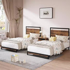 Set of 2 Platform Bed Frame with Wooden Headboard and Footboard, Heavy Duty Wooden Slats Support, No Box Spring Needed (6 Inch Twin Size )