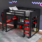 Lit mezzanine de jeu en bois avec bureau LED, lit mezzanine de jeu deux places/complet avec étagères de rangement et tringle à vêtements