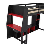 Lit mezzanine de jeu en bois avec bureau LED, lit mezzanine de jeu deux places/complet avec étagères de rangement et tringle à vêtements