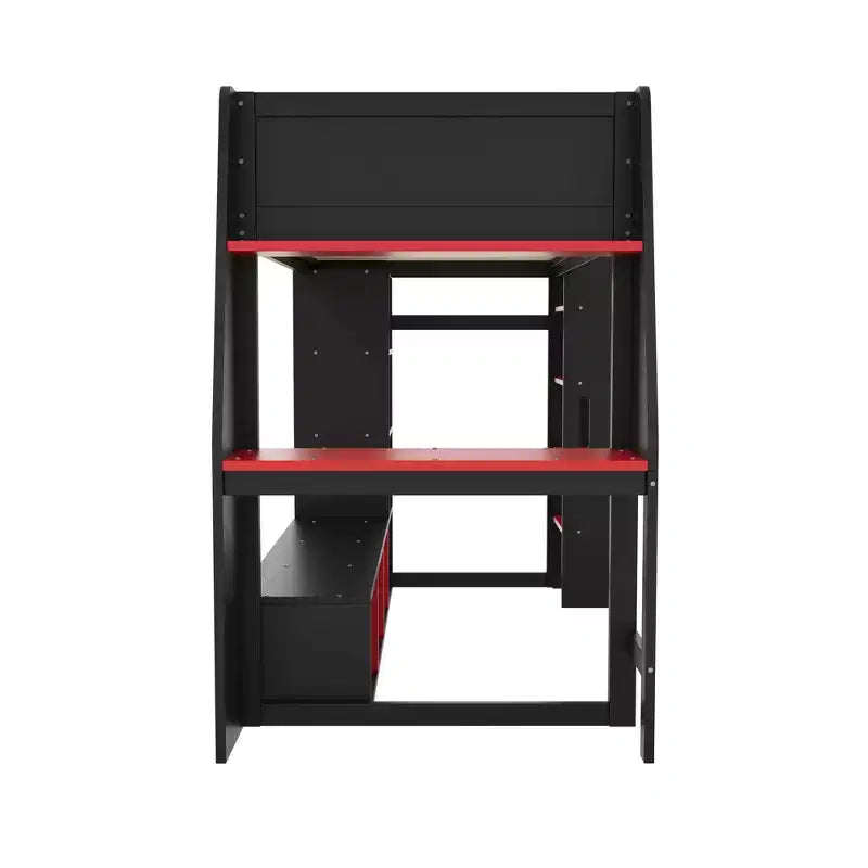 Lit mezzanine de jeu en bois avec bureau LED, lit mezzanine de jeu deux places/complet avec étagères de rangement et tringle à vêtements