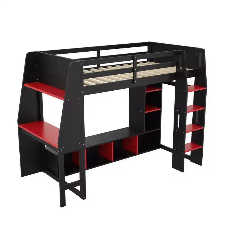 Lit mezzanine de jeu en bois avec bureau LED, lit mezzanine de jeu deux places/complet avec étagères de rangement et tringle à vêtements