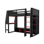 Lit mezzanine de jeu en bois avec bureau LED, lit mezzanine de jeu deux places/complet avec étagères de rangement et tringle à vêtements