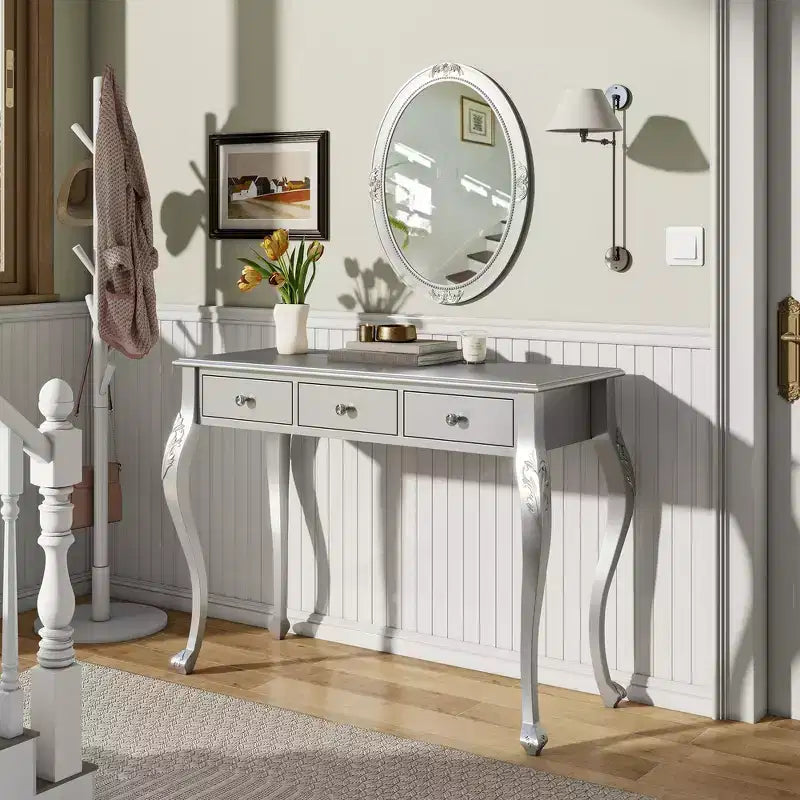Table de maquillage de luxe Whisen, coiffeuse à 3 tiroirs, console élégante avec miroir ovale