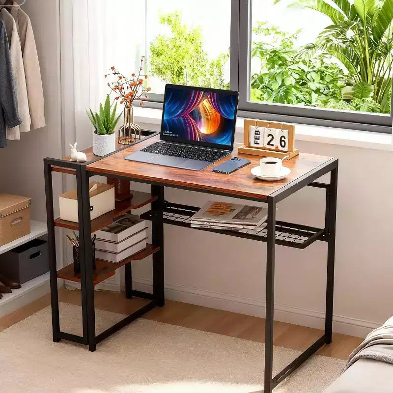 Bureau d'ordinateur pliable de 89 cm avec étagère de rangement | Table compacte sans assemblage | Pour bureau à domicile, chambre, dortoir, appartement