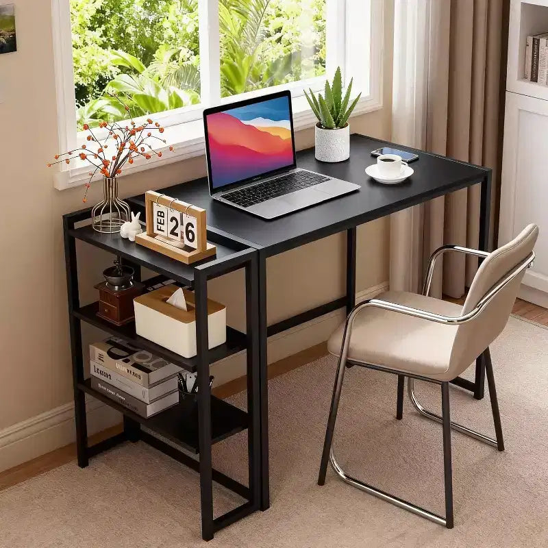 Bureau d'ordinateur pliable de 89 cm avec étagère de rangement | Table compacte sans assemblage | Pour bureau à domicile, chambre, dortoir, appartement