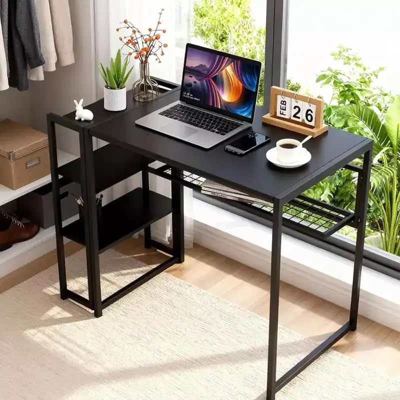 Bureau d'ordinateur pliable de 89 cm avec étagère de rangement | Table compacte sans assemblage | Pour bureau à domicile, chambre, dortoir, appartement