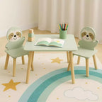 Kids Table and Chair Set with 2 Cute Sloth Chairs, Wooden Toddler Activity Table, Cute Animal Design Play & Study Set for Playroom, Bedroom