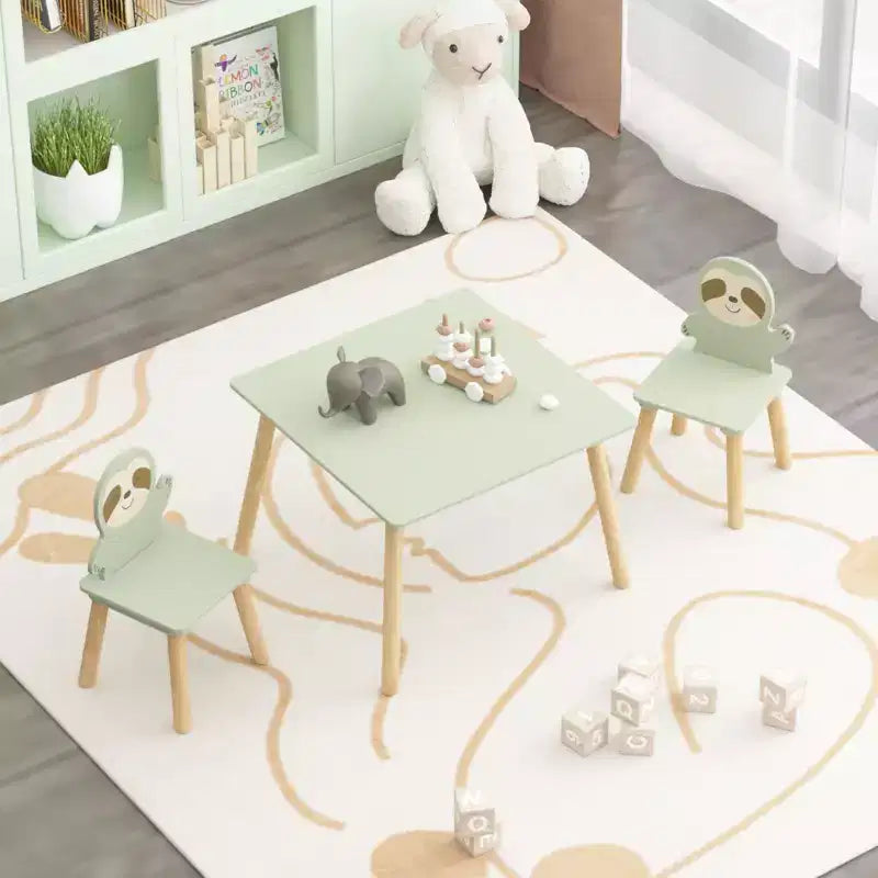 Ensemble table et chaises pour enfants avec 2 chaises mignonnes en forme de paresseux, table d'activités en bois pour tout-petits, ensemble de jeu et d'étude avec design animal mignon pour salle de jeux, chambre à coucher