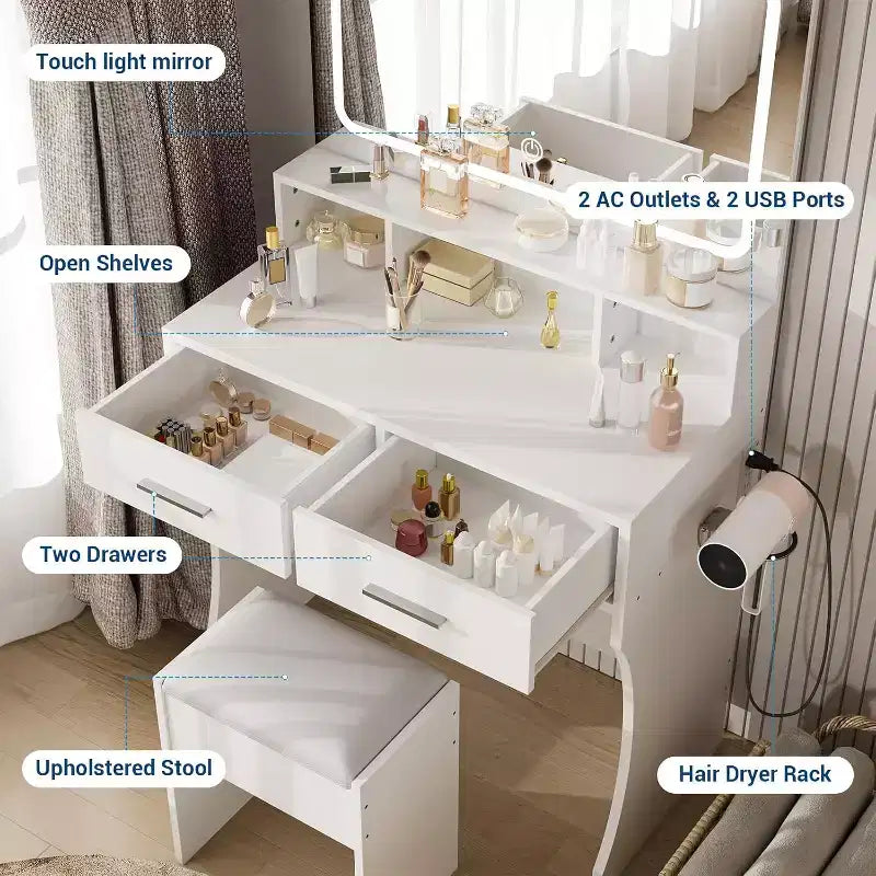 Coiffeuse Acekool avec miroir réglable, station de charge, tiroirs de rangement et tabouret en PU pour chambre ou dortoir
