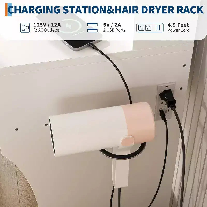 Coiffeuse Acekool avec miroir réglable, station de charge, tiroirs de rangement et tabouret en PU pour chambre ou dortoir