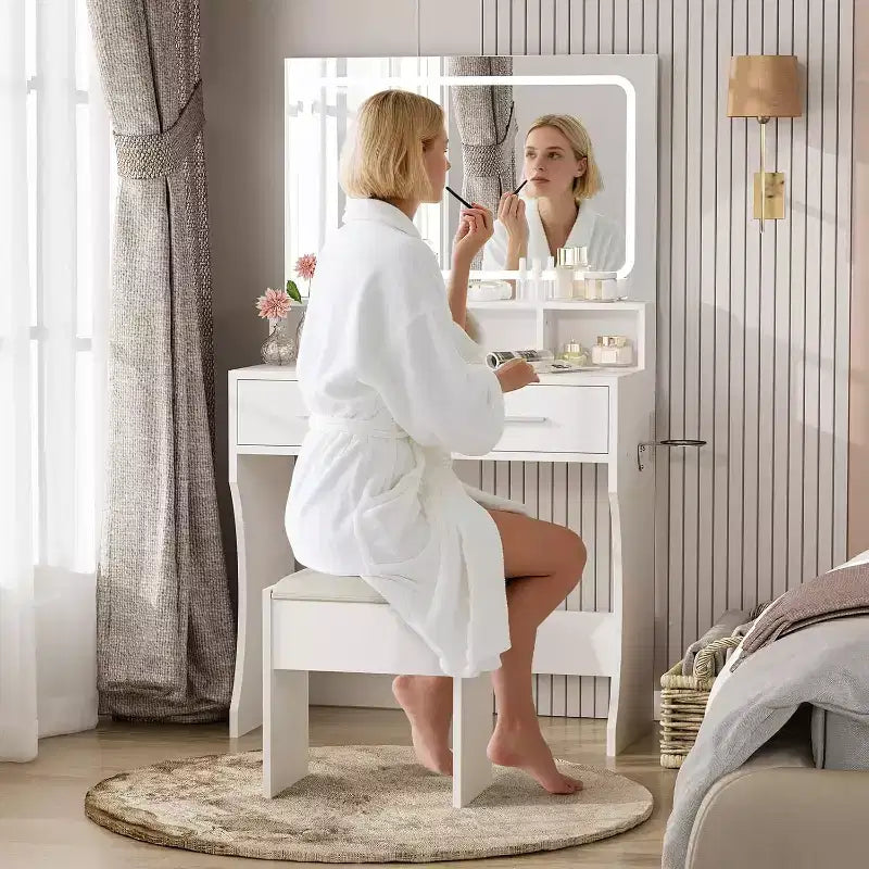 Coiffeuse Acekool avec miroir réglable, station de charge, tiroirs de rangement et tabouret en PU pour chambre ou dortoir