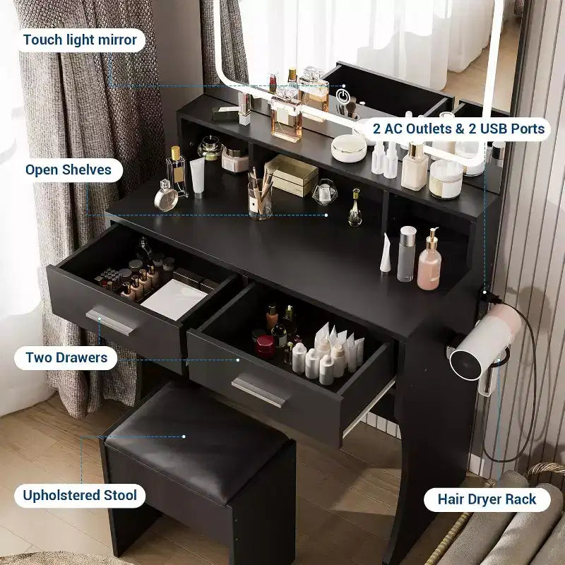 Coiffeuse Acekool avec miroir réglable, station de charge, tiroirs de rangement et tabouret en PU pour chambre ou dortoir