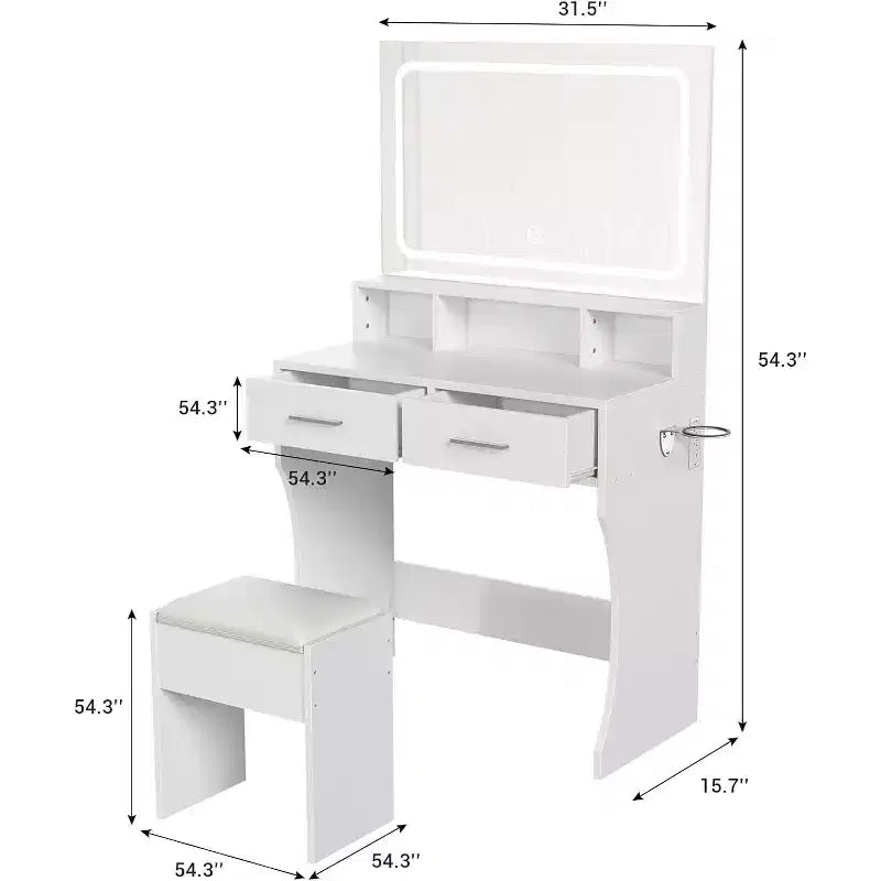 Coiffeuse Acekool avec miroir réglable, station de charge, tiroirs de rangement et tabouret en PU pour chambre ou dortoir
