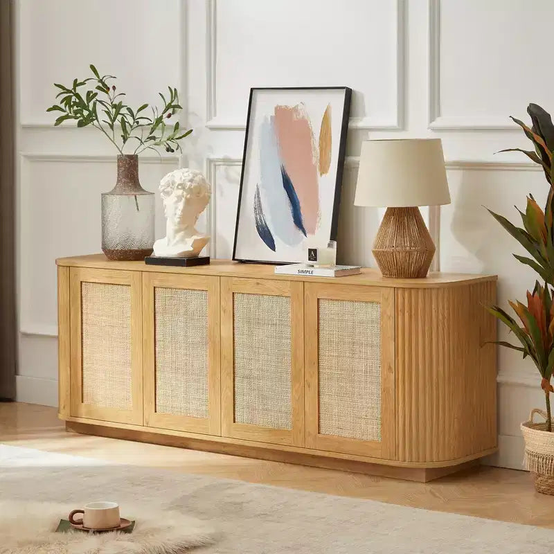 JVNOXK Meuble TV en rotin à façade ondulée de 162,5 cm avec coins arrondis, finition naturelle, convient pour la cuisine/le hall d'entrée. 162,5 L x 38 P x 61 H cm.