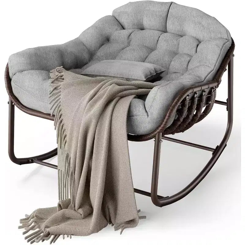 Fauteuil à bascule Papasan surdimensionné avec cadre en métal et coussin en rotin tressé pour patio, jardin, balcon – Gris