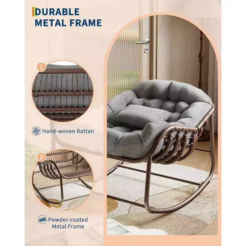 Fauteuil à bascule Papasan surdimensionné avec cadre en métal et coussin en rotin tressé pour patio, jardin, balcon – Gris