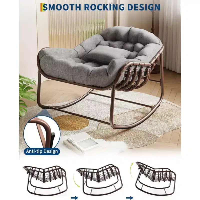 Fauteuil à bascule Papasan surdimensionné avec cadre en métal et coussin en rotin tressé pour patio, jardin, balcon – Gris